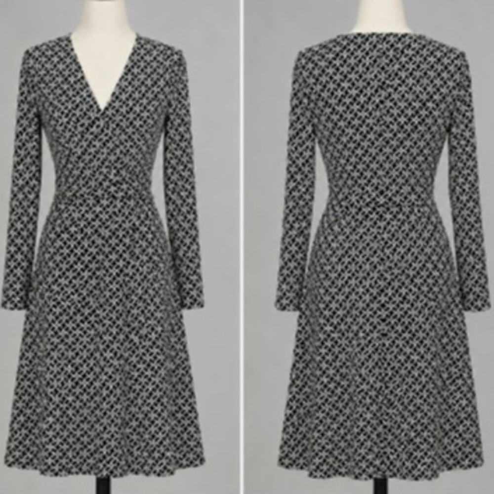 Talbots M Black White Faux Wrap Dress Geometric Print Pockets Stretch 3/4 Slv